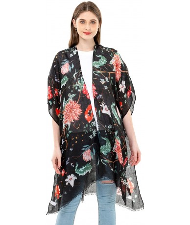 Cover-Ups Women's Kimono Lightweight Beach Cover Up Chiffon Cardigan Sun Protective Summer Dress Floral Blouse Beachwear - Bl...