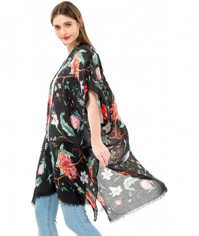 Cover-Ups Women's Kimono Lightweight Beach Cover Up Chiffon Cardigan Sun Protective Summer Dress Floral Blouse Beachwear - Bl...