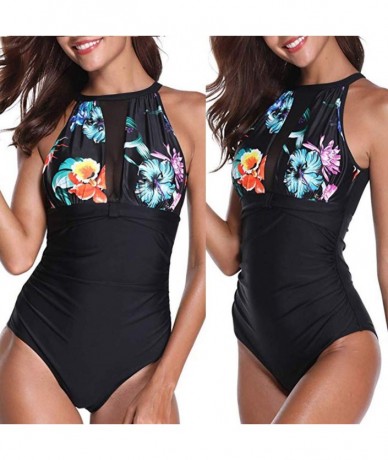 One-Pieces Women One Piece High Neck V-Neckline Mesh Ruched Monokini Swimwear - Black-3 - C518QMGI0G4 $17.09