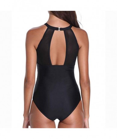 One-Pieces Women One Piece High Neck V-Neckline Mesh Ruched Monokini Swimwear - Black-3 - C518QMGI0G4 $17.09