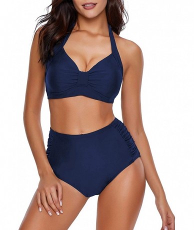 Sets Women's Halter Self Tie Ruched High Waist Two Pieces Bikini Set Swimsuits - Navy Blue - CF18O4R6MR8 $35.14