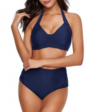 Sets Women's Halter Self Tie Ruched High Waist Two Pieces Bikini Set Swimsuits - Navy Blue - CF18O4R6MR8 $35.14