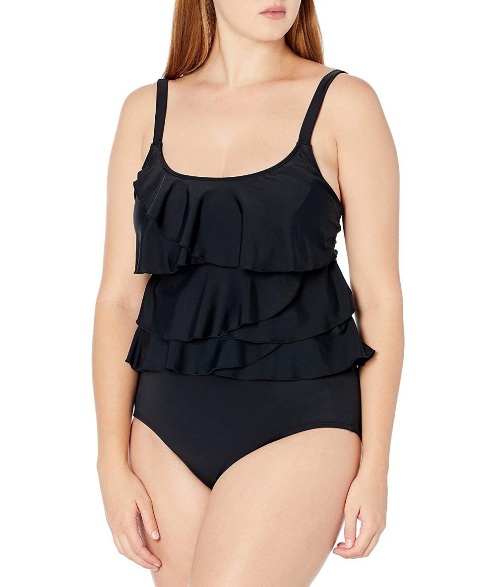 Tops Women's Swim Top with Multi Ruffle Layers Solid Shoulder Straps - Black - CZ18DOISOQM $86.21