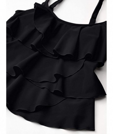 Tops Women's Swim Top with Multi Ruffle Layers Solid Shoulder Straps - Black - CZ18DOISOQM $86.21