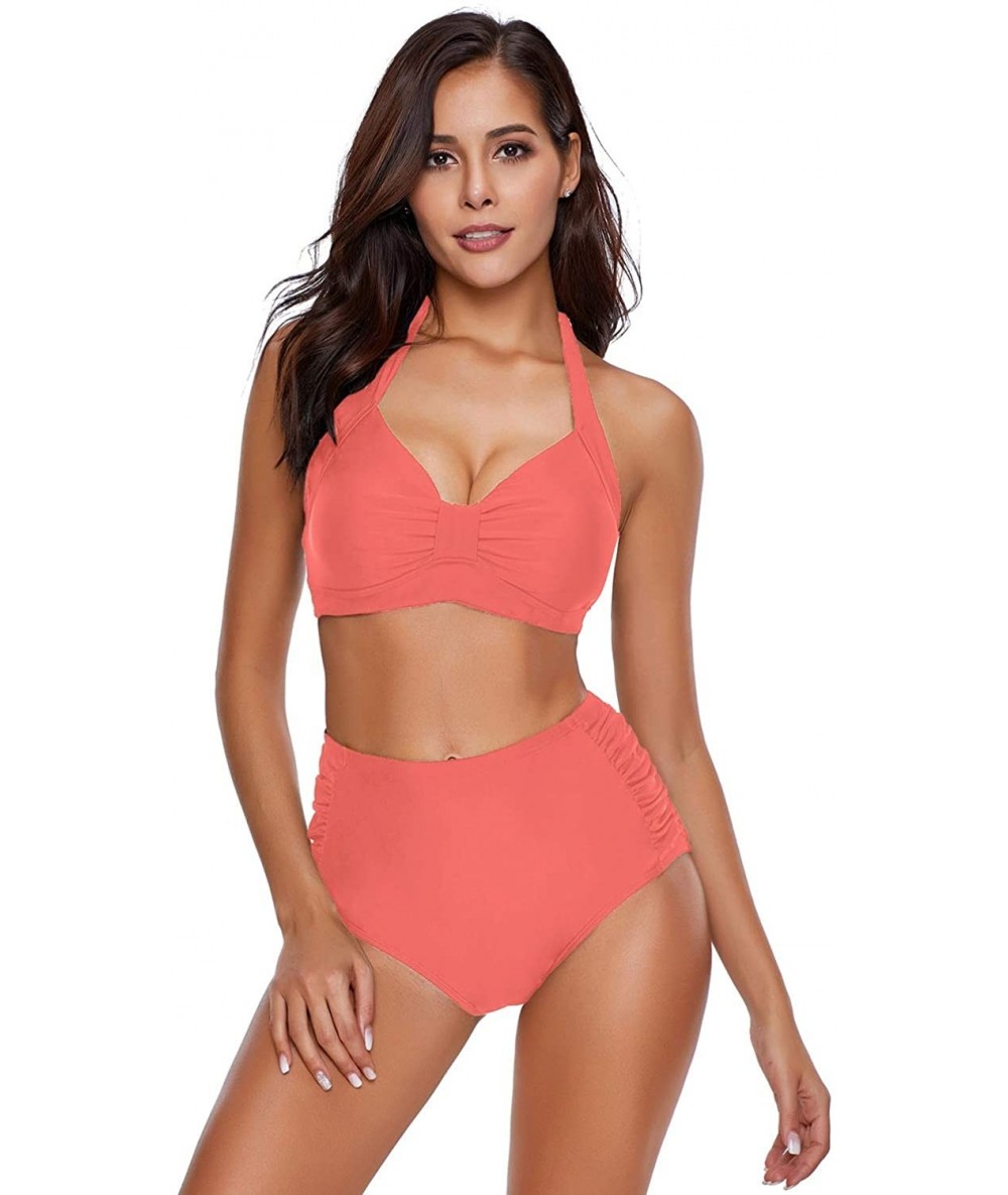 Sets Women's Halter Self Tie Ruched High Waist Two Piece Bikini Set Swimsuits - Pink - CJ1900OOW87 $46.84