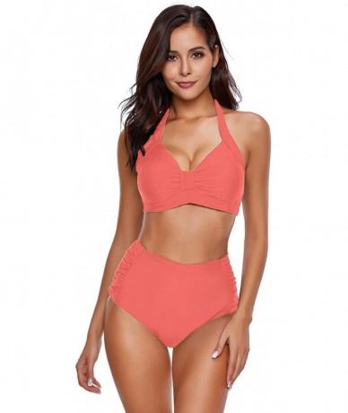 Sets Women's Halter Self Tie Ruched High Waist Two Piece Bikini Set Swimsuits - Pink - CJ1900OOW87 $46.84