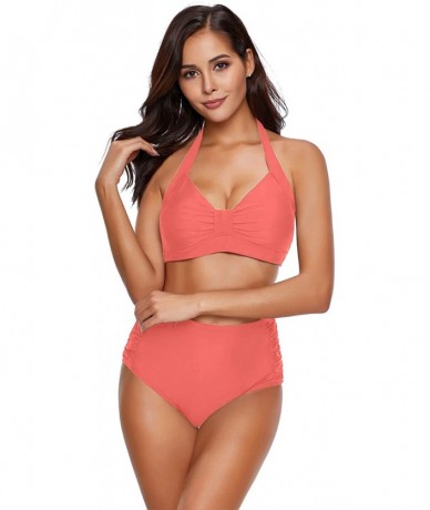 Sets Women's Halter Self Tie Ruched High Waist Two Piece Bikini Set Swimsuits - Pink - CJ1900OOW87 $46.84