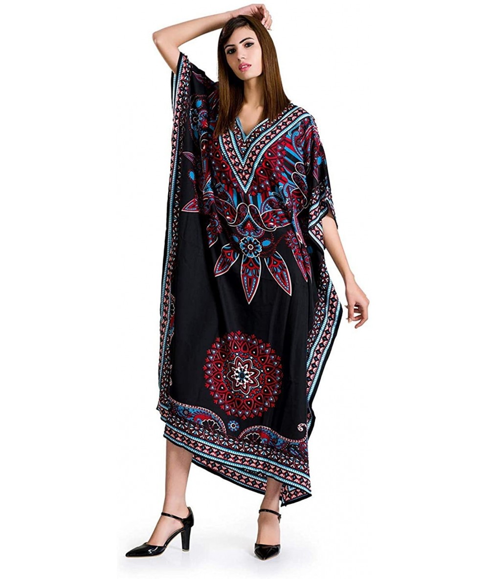 Cover-Ups Women Kaftan Dress Floral Tunic Maxi Kimono Long Caftan Nightdress Beach Polyester Party Casual Dress - Black - C11...