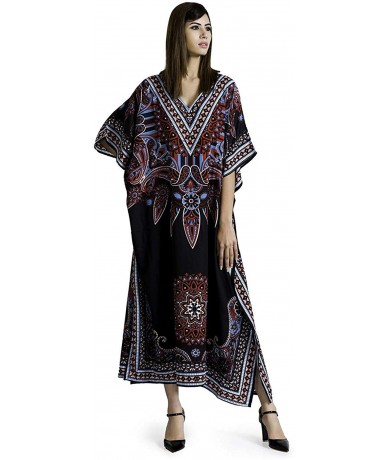 Cover-Ups Women Kaftan Dress Floral Tunic Maxi Kimono Long Caftan Nightdress Beach Polyester Party Casual Dress - Black - C11...