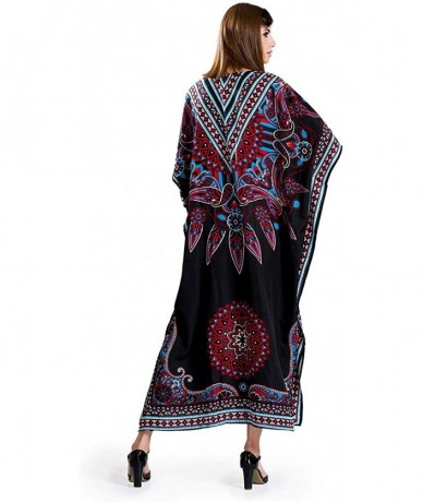 Cover-Ups Women Kaftan Dress Floral Tunic Maxi Kimono Long Caftan Nightdress Beach Polyester Party Casual Dress - Black - C11...