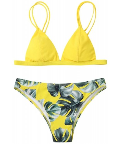 Sets Women's Double Shoulder Strap Triangle Two Piece Bikini Bathing Suit with Print Bottom Swimsuit - Yellow - CO1960CASZ9 $...