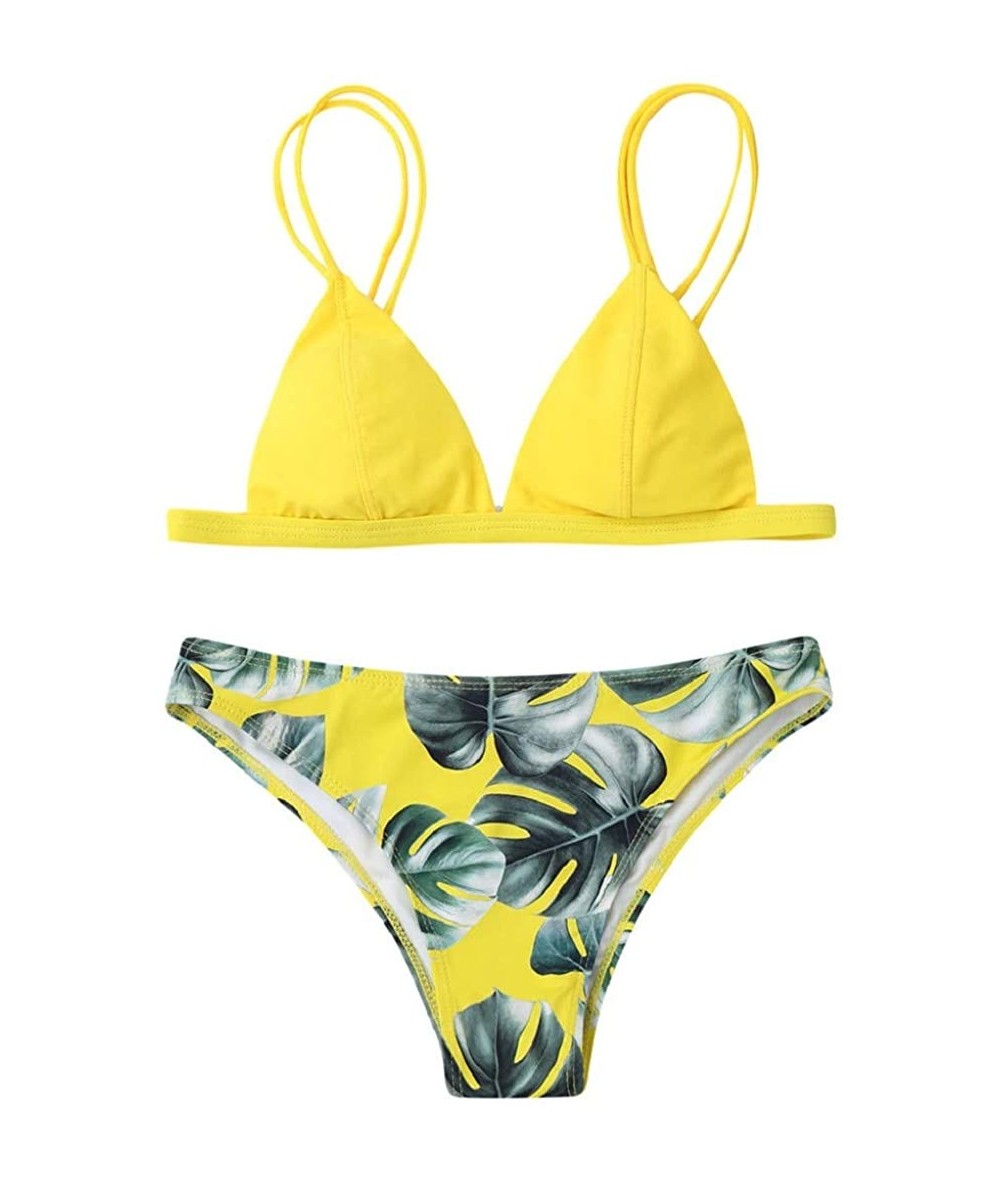 Sets Women's Double Shoulder Strap Triangle Two Piece Bikini Bathing Suit with Print Bottom Swimsuit - Yellow - CO1960CASZ9 $...