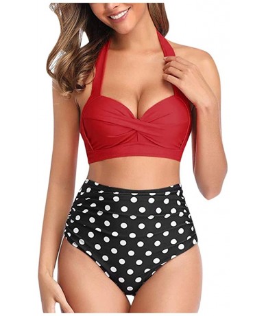 Sets Women Vintage Swimsuit Two Piece Retro Halter Ruched High Waist Print Bikini Set - Red - CA194XLRC08 $23.32