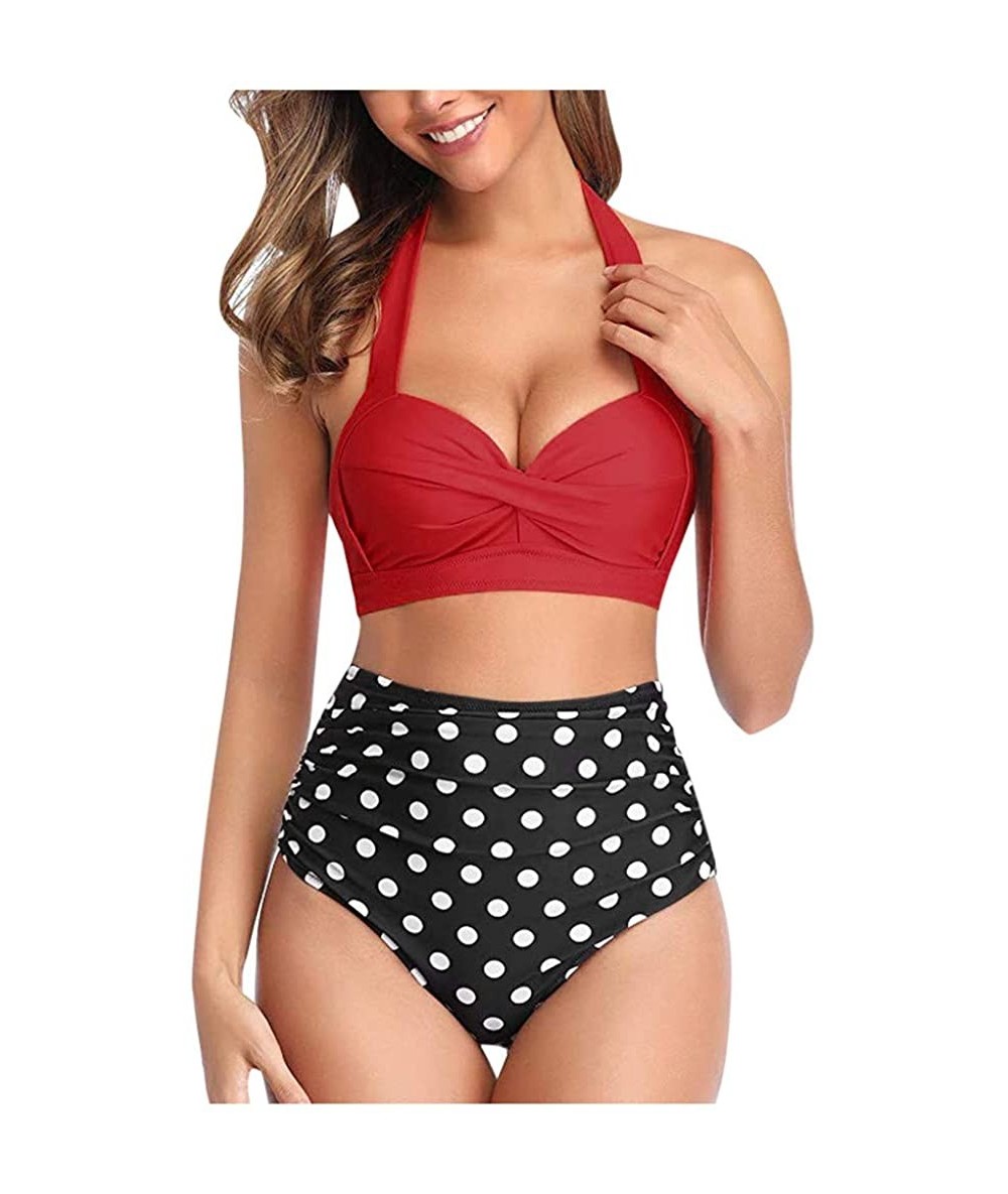 Sets Women Vintage Swimsuit Two Piece Retro Halter Ruched High Waist Print Bikini Set - Red - CA194XLRC08 $23.32