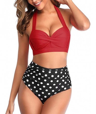 Sets Women Vintage Swimsuit Two Piece Retro Halter Ruched High Waist Print Bikini Set - Red - CA194XLRC08 $23.32