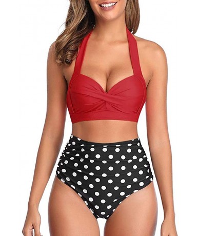 Sets Women Vintage Swimsuit Two Piece Retro Halter Ruched High Waist Print Bikini Set - Red - CA194XLRC08 $23.32