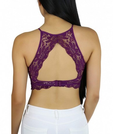 Tops Women's Keyhole High Neck Stretch Lace Bralette with Lined Cups - Plum - CP18U4IT367 $22.30