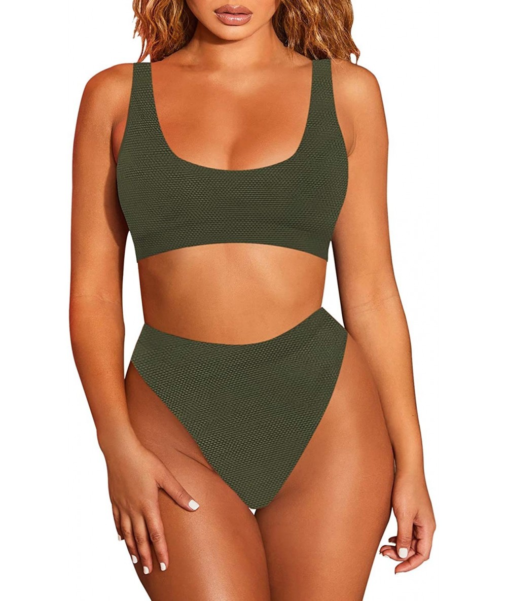 Sets Women's Crop Top High Waisted Cheeky Bikini Set Two Piece Swimsuits - 05 - Army Green - CF1952G556O $38.69