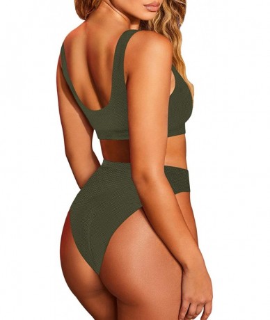 Sets Women's Crop Top High Waisted Cheeky Bikini Set Two Piece Swimsuits - 05 - Army Green - CF1952G556O $38.69