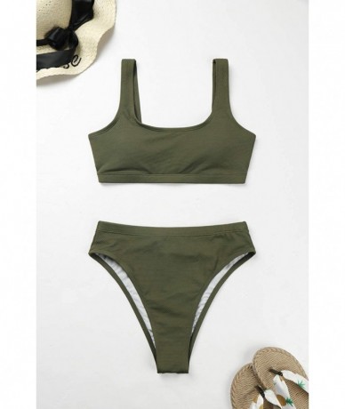 Sets Women's Crop Top High Waisted Cheeky Bikini Set Two Piece Swimsuits - 05 - Army Green - CF1952G556O $38.69