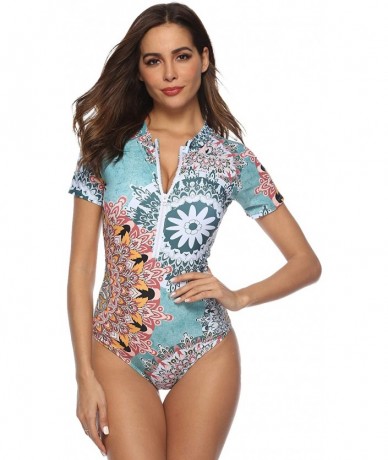 One-Pieces Womens Zip Front Printed Short Sleeve One Piece Swimsuit Swimwear - F-19 - CH18OX0ZY09 $46.54