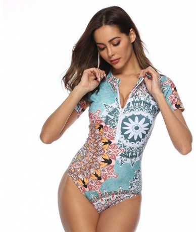 One-Pieces Womens Zip Front Printed Short Sleeve One Piece Swimsuit Swimwear - F-19 - CH18OX0ZY09 $46.54