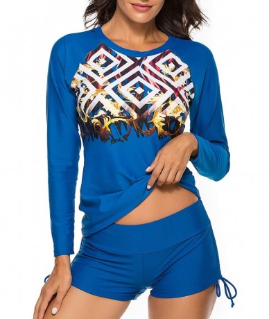 Rash Guards Women Long Sleeve Sun Protection Rash Guard 2 Pieces Swimsuit Set - Blue Square - CK193G5XRAN $44.55