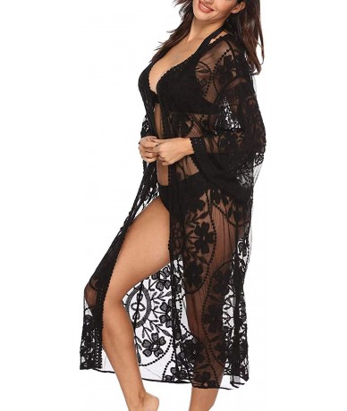 Cover-Ups Black Bikini Cover up Women Floral Embroidery Lace Up Long Wraps Outfit Clothing Holiday (one Size- 2011-1) - CP18E...