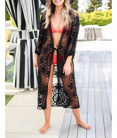 Cover-Ups Black Bikini Cover up Women Floral Embroidery Lace Up Long Wraps Outfit Clothing Holiday (one Size- 2011-1) - CP18E...