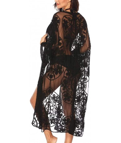 Cover-Ups Black Bikini Cover up Women Floral Embroidery Lace Up Long Wraps Outfit Clothing Holiday (one Size- 2011-1) - CP18E...