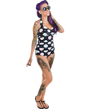 One-Pieces Rita Retro Halter Swimsuit Mermaid Shells Black L - CB17YUGUDTW $84.48