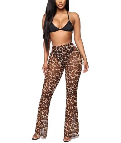 Cover-Ups Women Sexy Leopard Sheer Mesh Perspective Pants Bikini Bottom Cover Up Long Wide Leg See Through Trousers - Brown -...