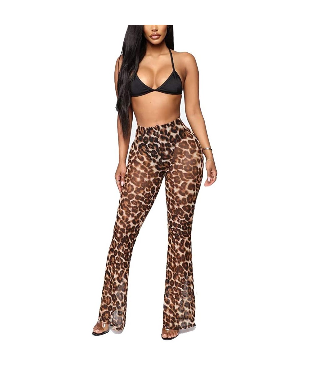 Cover-Ups Women Sexy Leopard Sheer Mesh Perspective Pants Bikini Bottom Cover Up Long Wide Leg See Through Trousers - Brown -...