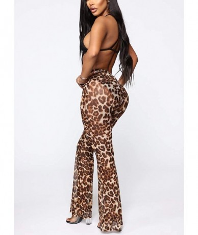 Cover-Ups Women Sexy Leopard Sheer Mesh Perspective Pants Bikini Bottom Cover Up Long Wide Leg See Through Trousers - Brown -...