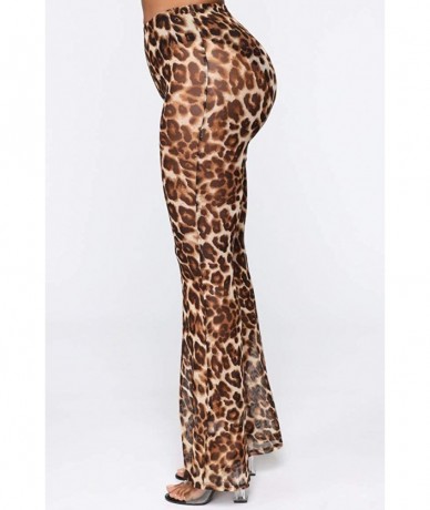 Cover-Ups Women Sexy Leopard Sheer Mesh Perspective Pants Bikini Bottom Cover Up Long Wide Leg See Through Trousers - Brown -...