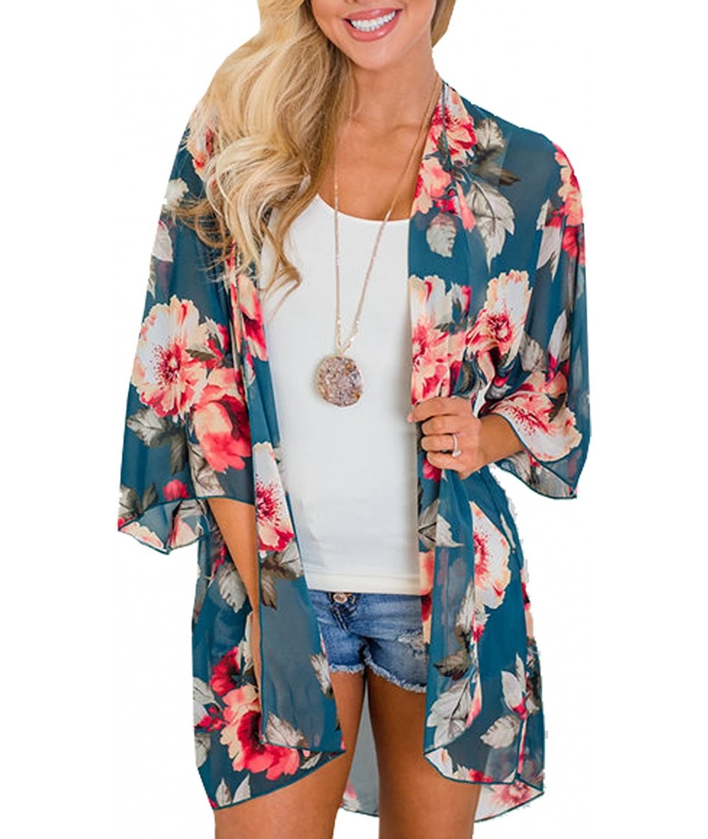 Cover-Ups Women's 3/4 Sleeve Floral Kimono Cardigan Sheer Loose Shawl Capes Chiffon Beach Cover Up Casual Blouse Dark Green -...