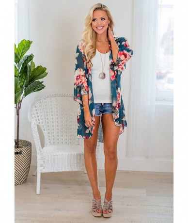 Cover-Ups Women's 3/4 Sleeve Floral Kimono Cardigan Sheer Loose Shawl Capes Chiffon Beach Cover Up Casual Blouse Dark Green -...