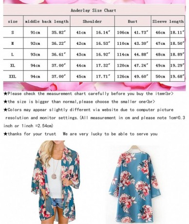 Cover-Ups Women's 3/4 Sleeve Floral Kimono Cardigan Sheer Loose Shawl Capes Chiffon Beach Cover Up Casual Blouse Dark Green -...