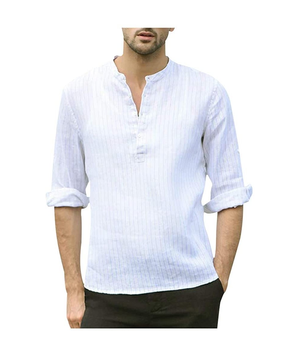 Rash Guards T-Shirt- Men Three Quarter Vintage Linen Solid Short Sleeve Retro Tops Blouse - White - C518W7N9RIE $33.59