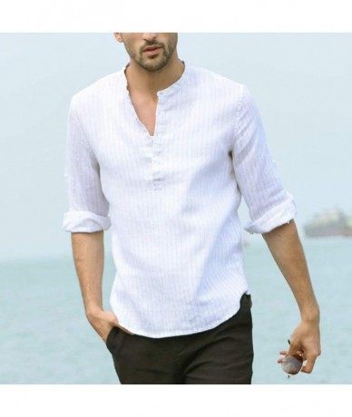 Rash Guards T-Shirt- Men Three Quarter Vintage Linen Solid Short Sleeve Retro Tops Blouse - White - C518W7N9RIE $33.59