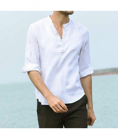 Rash Guards T-Shirt- Men Three Quarter Vintage Linen Solid Short Sleeve Retro Tops Blouse - White - C518W7N9RIE $33.59