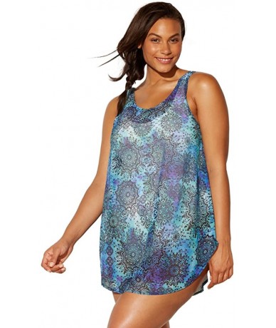 Cover-Ups Women's Plus Size Quincy Mesh High Low Cover Up Tunic - Blue Boho - CM18IZAQL6R $54.27