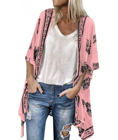 Cover-Ups Ladies Fashion Boho Printed Beach Sunscreen Shirt Loose Casual Swimsuit Cover Up Kimono Cardigan Tops - Pink - CM18...