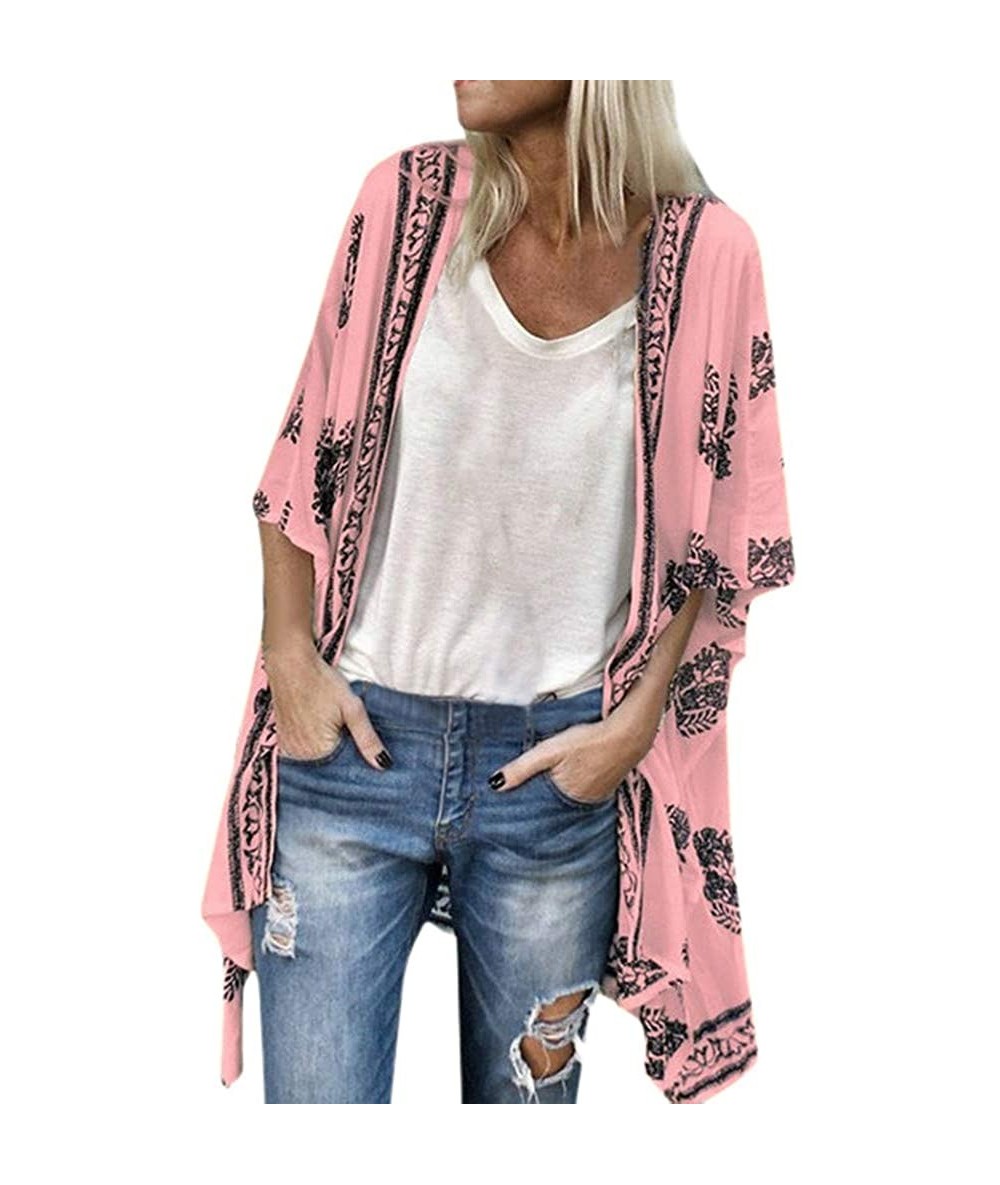 Cover-Ups Ladies Fashion Boho Printed Beach Sunscreen Shirt Loose Casual Swimsuit Cover Up Kimono Cardigan Tops - Pink - CM18...