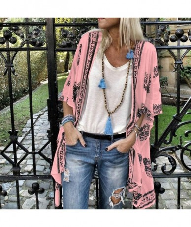 Cover-Ups Ladies Fashion Boho Printed Beach Sunscreen Shirt Loose Casual Swimsuit Cover Up Kimono Cardigan Tops - Pink - CM18...