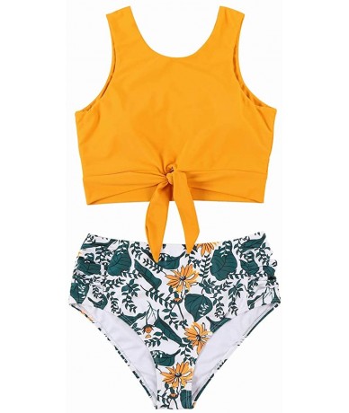 Sets Women Knot Tankini Set Ruched High Waist 2 Piece Cute Swimsuits - 35 Yellow Floral - CE18ZA99CQM $50.50