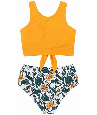 Sets Women Knot Tankini Set Ruched High Waist 2 Piece Cute Swimsuits - 35 Yellow Floral - CE18ZA99CQM $50.50