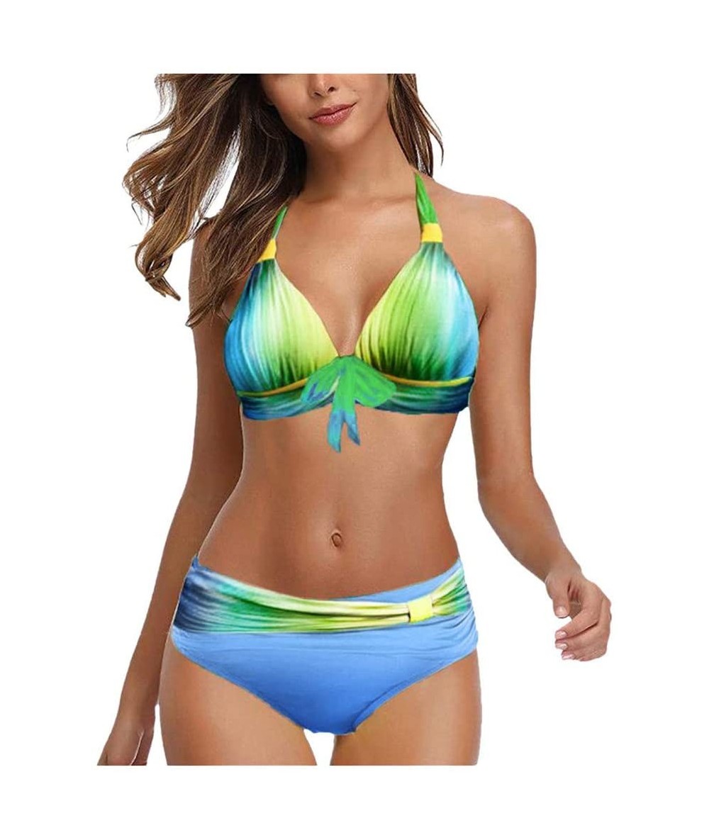 Sets Women's Tie Dye Padded Frilled V-Wired High Cut Two Pieces Bikini Swimsuit - Green - CT19CMUOXCC $26.18