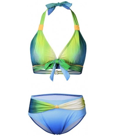 Sets Women's Tie Dye Padded Frilled V-Wired High Cut Two Pieces Bikini Swimsuit - Green - CT19CMUOXCC $26.18