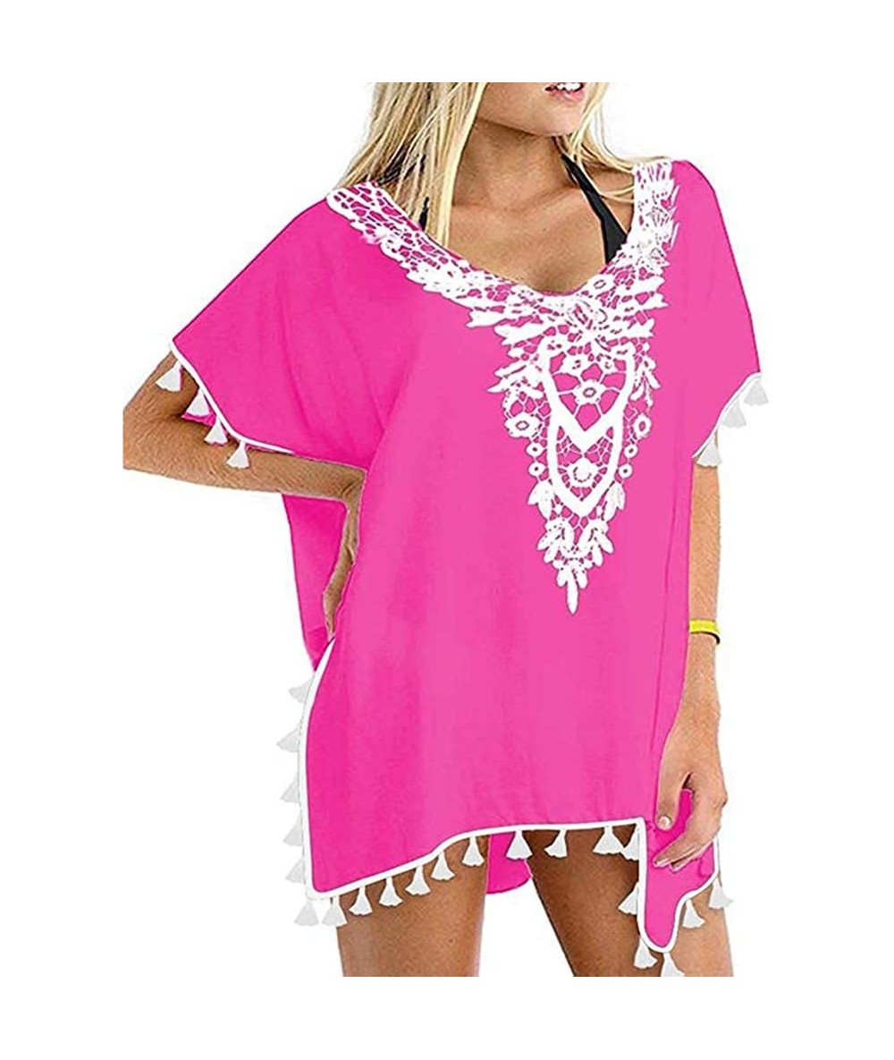 Sets Women Swimwear Dress Cover Up V Neck Bikini with Tassel - Pink - CR193MUR9YT $33.28